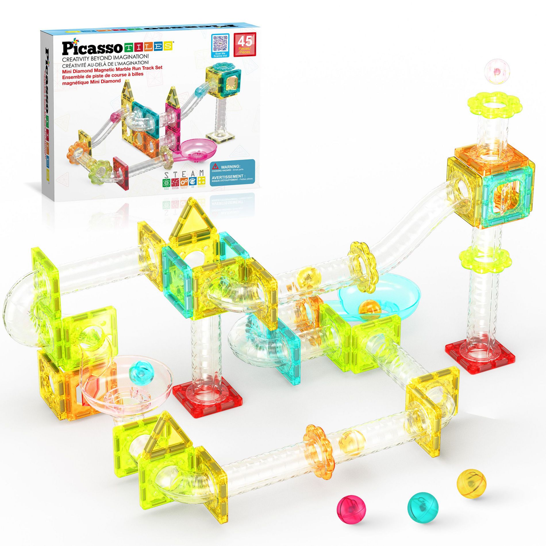 PICASSO-TILES Marble Run Magnetic Tiles for Kids, 45PCS, Mini Construction Magnet Tiles Race Track Building Blocks STEM Toy
