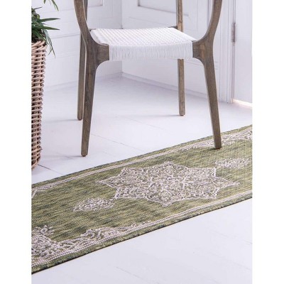 Green and Gray Synthetic Flat Woven Outdoor Runner Rug