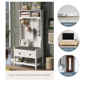 White Entryway Bench With Coat Rack, Hall Tree With Bench, Shoe Shelves, 2 Drawers, Top Shelves & 4 Hanging Hooks, 3 In 1 Entryway Hall Tree With Sol - 1 of 4