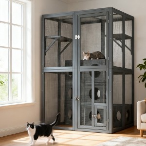 Catio Outdoor Cat Enclosure with Double Doors, Grey Weatherproof Pine Wood Cat House with Climbing Shelves & 7 Modular Play Boxes - Nertpow - 1 of 4