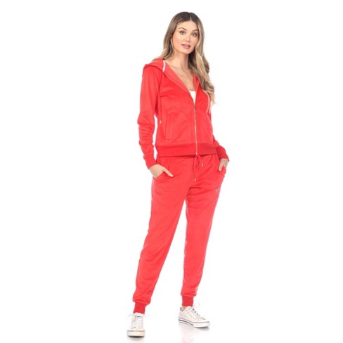 White Mark Rhinestone 2 Piece Velour Tracksuit Set - Red - XL