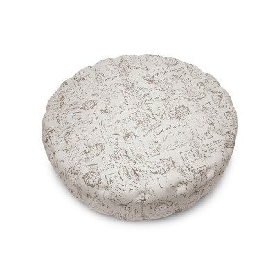 Cardiff Beige Script Print Round Tufted Linen Ottoman