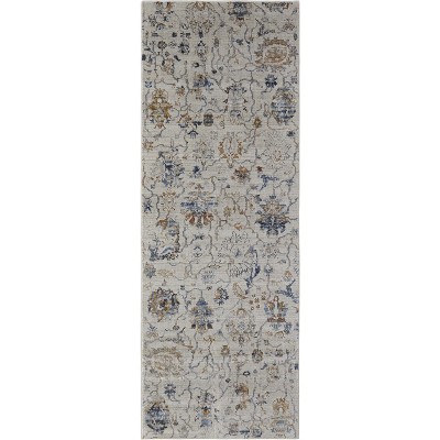 10' Blue Gray and Brown Floral Power Loom Worn Faded Runner Rug With Fringe