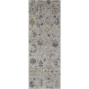 10' Blue Gray and Brown Floral Power Loom Worn Faded Runner Rug With Fringe - 1 of 4
