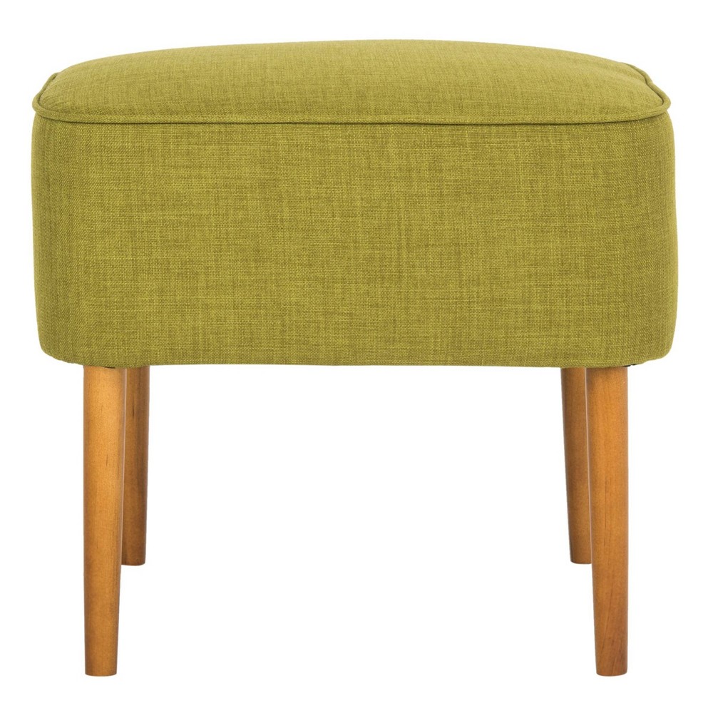 Eli Ottoman Olive - Safavieh A diminutive footstool with natural oak - finished spindle legs inspired by Mid-Century Modern chairs, the Eli ottoman is the ideal solution for bedroom, bath or apartment living room. Covered with sweet pea green fabric in a blend of polyester and organic viscose, and detailed with self-binding, the Eli square ottoman looks great tucked in pairs under a console. As a cool, mod piece, this ottoman by Safavieh will add a friendly pop of color in your everyday rooms. Color: One Color. Pattern: Solid.