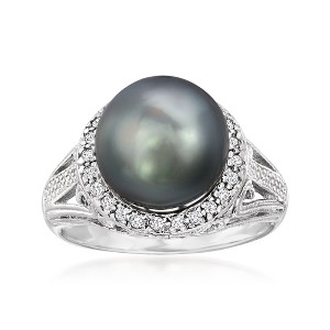 Ross-Simons 11-12mm Black Cultured Tahitian Pearl Ring With .20 ct. t.w. White Topaz in Sterling Silver - 1 of 4
