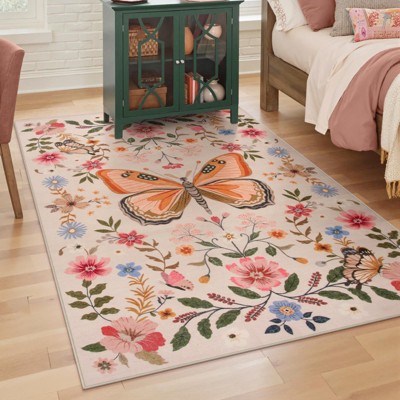 Lahome Modern Butterfly Floral Short Pile Velvet Rectangular Indoor Area Rug