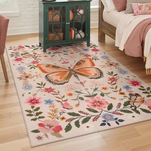 Lahome Modern Butterfly Floral Short Pile Velvet Rectangular Indoor Area Rug - 1 of 4