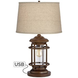 Franklin Iron Works Andreas Industrial Table Lamp 26" High Brown Metal with Nightlight LED and USB Charging Port Oatmeal Shade for Living Room Desk - 1 of 4
