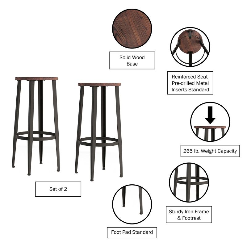 Hasting Home Set of 2 Wood Counter-Height Bar Stools with Black Metal Base, 3 of 9