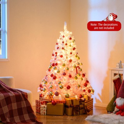 Costway 5 FT Artificial Christmas Tree with 180 Warm White LED Lights, 8 Lighting Modes & Folding Metal Stand White & Pink