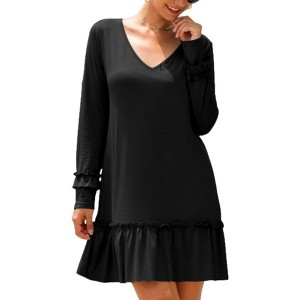 Anna-Kaci Women's Long Sleeve V Neck Ruffle Hem Mini Dress with Flowy Silhouette - 1 of 4