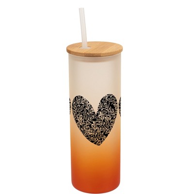 Elanze Designs Trio Floral Flower Love Heart Wrap-Around Design 25 Ounce Frosted Gradient Glass On-The-Go Coffee Travel Skinny Tumbler Mug Cup, Bamboo