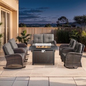 Buenhomino 7 Pieces Patio Furniture Set with Fire Pit Table, Rattan Wicker Swivel Rocker Chairs Sets with Ottomans, Swivel Glider Chairs - 1 of 4