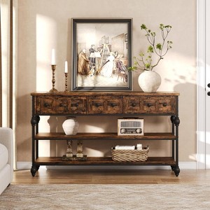 Nasitip 52" Retro Brown 3-Tier Console Table with 3 Storage Drawers, Industrial Metal Sofa Table, Entryway & Living Room Table - 1 of 4