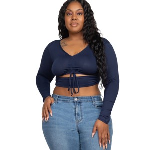 Slickblue Women's Plus Size Crop Top, Drawstring Ruched Cutout, Long Sleeve, Stretch Fit, Color and Size Option - 1 of 4