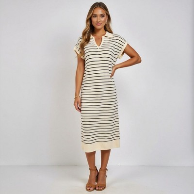 Knit & Lounge Women’s Striped Knit Midi Dress Short Sleeves V-Neck Relaxed Fit Ribbed Hem Everyday Sweater Dress