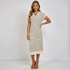 Knit & Lounge Women’s Striped Knit Midi Dress Short Sleeves V-Neck Relaxed Fit Ribbed Hem Everyday Sweater Dress - 1 of 4