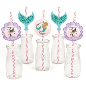 Big Dot of Happiness Trading The Tail for A Veil - Paper Straw Decor - Mermaid Bachelorette Party Bridal Shower Striped Decorative Straws - Set of 24 - 1 of 4