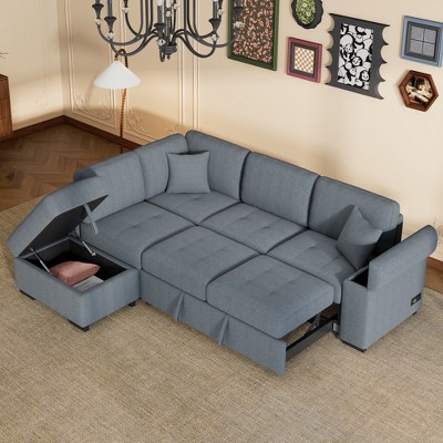 KTMBDW L-Shape Sectional Sofa Bed with Storage Ottoman & Hidden Arm Storage, 85" Sectional Corner Couch Sofa-Bed for Living Room Apartment, Dark Gray