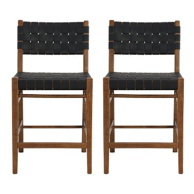 Christopher Knight Home Lumft 24.25" Woven Leather Rubberwood Counter Stool with Footrest