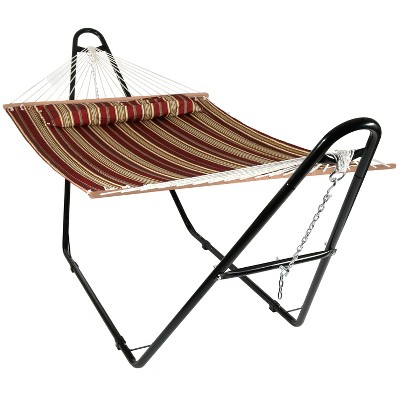 Sunnydaze Double Quilted Fabric Hammock with Multi-Use Universal Steel Stand - 450 lb Weight Capacity - Red Striped