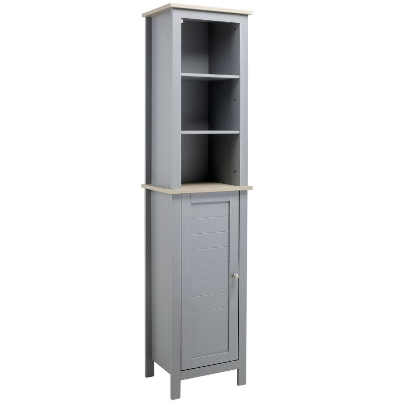 kleankin Tall Bathroom Storage Cabinet with 3 Tier Shelf, Cupboard, Door, Free Standing Linen Tower, Slim Side Organizer, Gray, 1 of 7