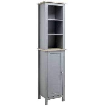 kleankin Tall Bathroom Storage Cabinet with 3 Tier Shelf, Cupboard, Door, Free Standing Linen Tower, Slim Side Organizer, Gray