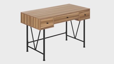 Light Brown Reclaimed Wood Home Office Desk with Black Metal Legs and Drawers