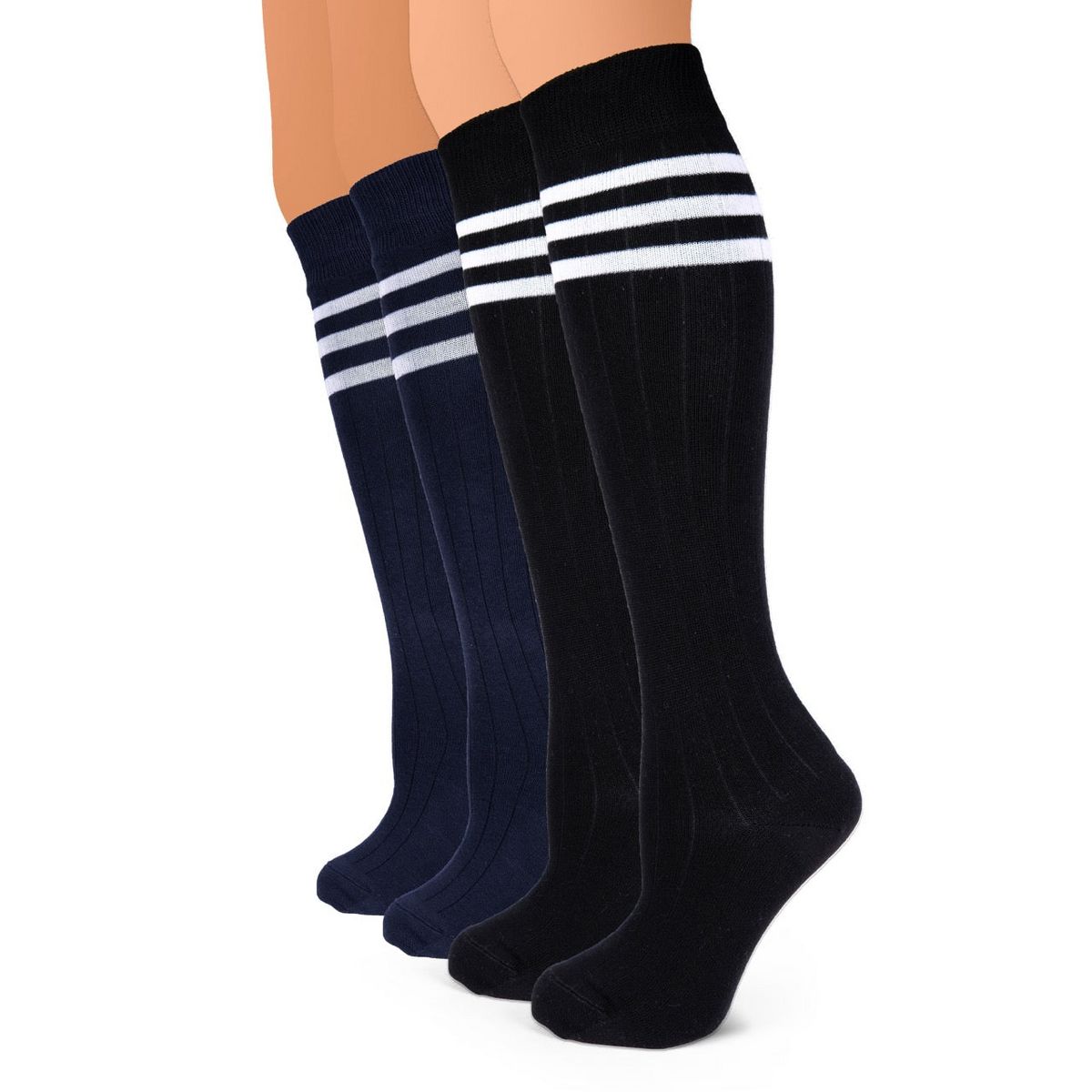 Hugh Ugoli Women's Cotton Stripped Knee High Socks, Soft School Uniform & Boot Style, 4 Pairs