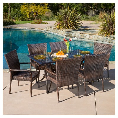 Littleton 7pc Cast Aluminum and Wicker Dining Set - Bronze/Brown - Christopher Knight Home