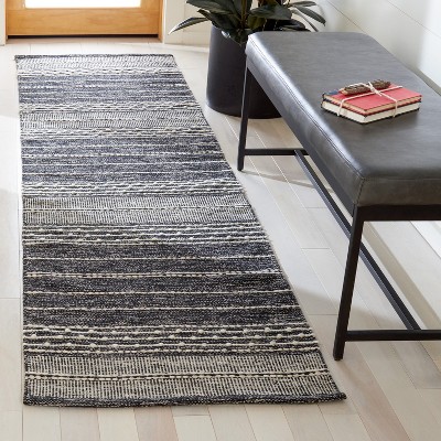 Black and Ivory Striped Wool Cotton Runner Rug