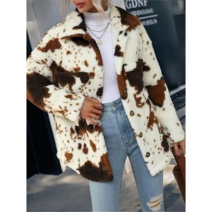 Coolmee Women's Long Sleeve Casual Zip Collar Cow Print Fleece Jacket Tops - 1 of 3