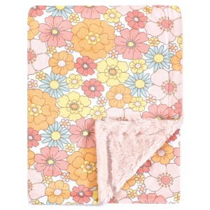 Hudson Baby Girls Plush Blanket with Furry Binding and Back, Peace Love Flowers, One Size - 1 of 2