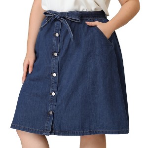 Agnes Orinda Women's Plus Size Denim Tie High Waist Front Button Down A-Line Midi Jeans Skirts - 1 of 4