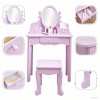 Girls Vanity Table and Chair Set, Kids Makeup Dressing Table with Lights Wood Makeup Playset, Kids Vanity Set with Mirror Drawer - 3 of 4