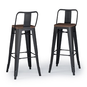 Mid-Century Industrial Metal and Wood Barstool with Curved Slatted Back, Footrest, and Cross Brace, Set of 2 for Kitchen or Bar Area - 1 of 4