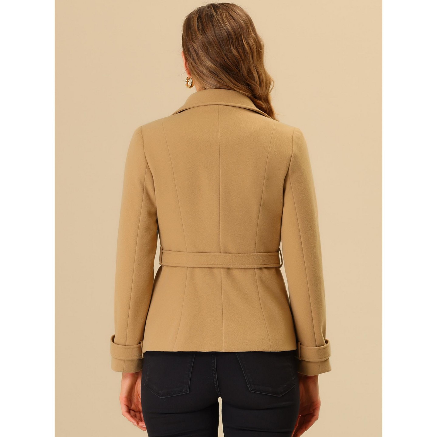 Женское пальто Allegra K Winter Outerwear Single Breasted Belted Pea Coat with Pockets Khaki, цвет: Хаки — фото 4