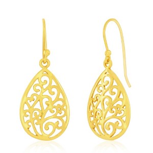Bella Silver Sterling Silver, Pearshaped Filigree Design Earrings - Gold Plated - Gold - 1 of 2