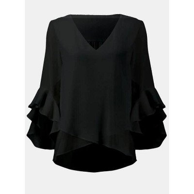 Women's Work Blouses Ruffle 3/4 Sleeve Dressy Top V Neck Casual Chiffon Tunic Blouses Business Shirts