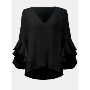 Women's Work Blouses Ruffle 3/4 Sleeve Dressy Top V Neck Casual Chiffon Tunic Blouses Business Shirts - 1 of 4