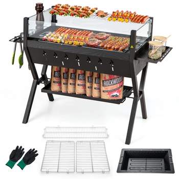 Tangkula Barbecue Charcoal Grills Stainless Steel Camping Grill w/ Wind Guard Seasoning Racks & Storage Shelf