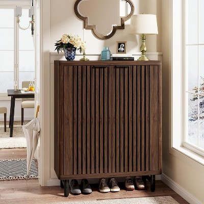 MOEPISY Modern Dark Walnut Wooden 6-Tier Shoe Cabinet with Louvered Doors