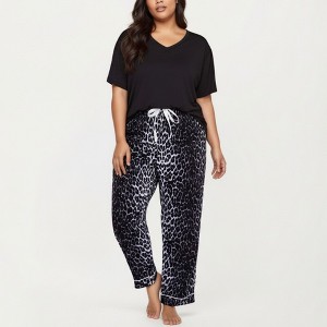 Anna-Kaci Lounge Women's 2-Piece Set V-Neck Short Sleeve Top and Leopard Print Pajama Pants with Soft Stretch Fabric - 1 of 4