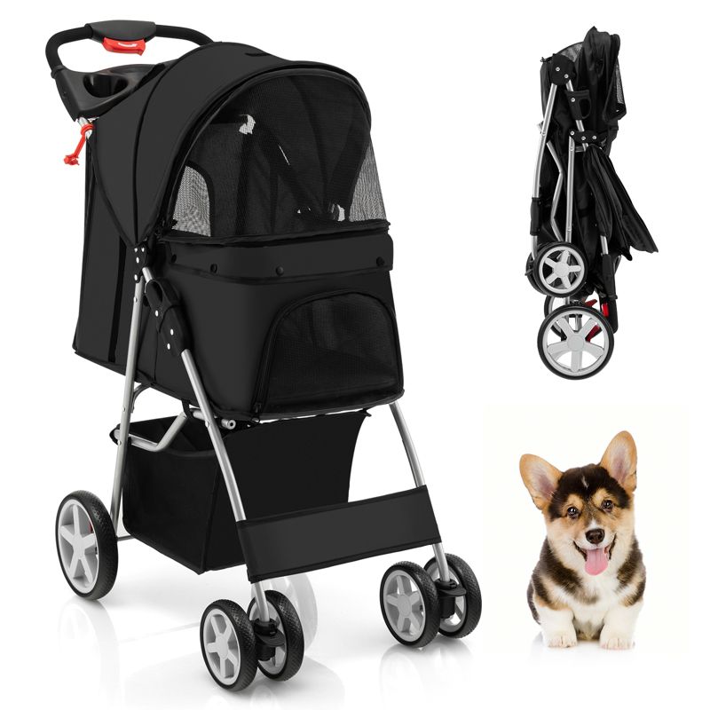 Tangkula 4 Wheels Pet Stroller Folding Cat Dog Stroller W/Storage Basket & Tray Adjustable Canopy All-Terrain EVA Wheels Foldable Cart, 1 of 10