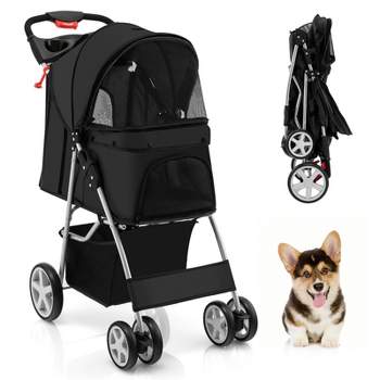 Tangkula 4 Wheels Pet Stroller Folding Cat Dog Stroller W/Storage Basket & Tray Adjustable Canopy All-Terrain EVA Wheels Foldable Cart