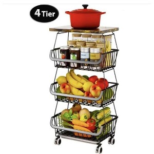 Wikineon 4 Tier Fruit Storage Basket, Fruit Vegetable Cart with Solid Wood, Kitchen Storage Rack with Rollers for Pantry - 1 of 4