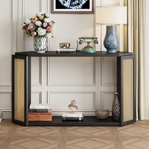 Narrow Console Table with Unique Irregular Top Design, Entryway Table with Open Shelf, Rattan Sofa Table for Living Room Hallway and Entrance (Black) - 1 of 4