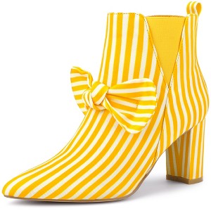 BLISSFUL STEP Bow Stripe Pointed Toe Chunky Heels Ankle Boots for Women - 1 of 4