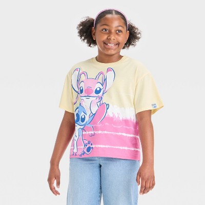 Girls' Disney Stitch and Angel Boxy Washed Short Sleeve Graphic T-Shirt - Yellow